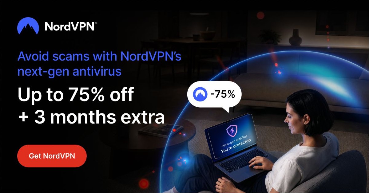 NordVPN regional promotional artwork: Up to 75% off + 3 extra months
